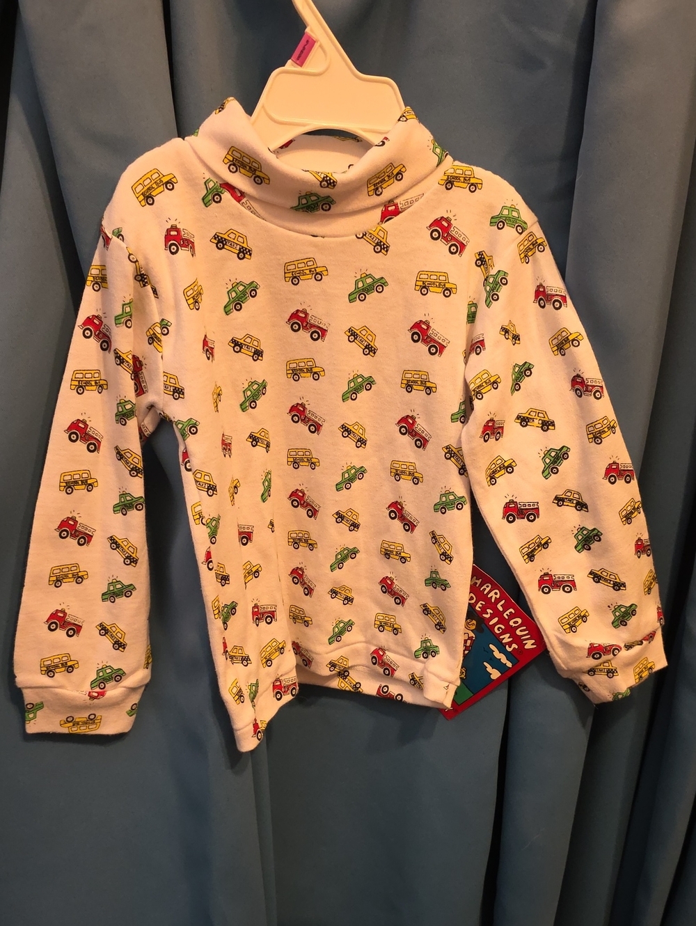 Cream Turtleneck Top with Colorful Car Print -